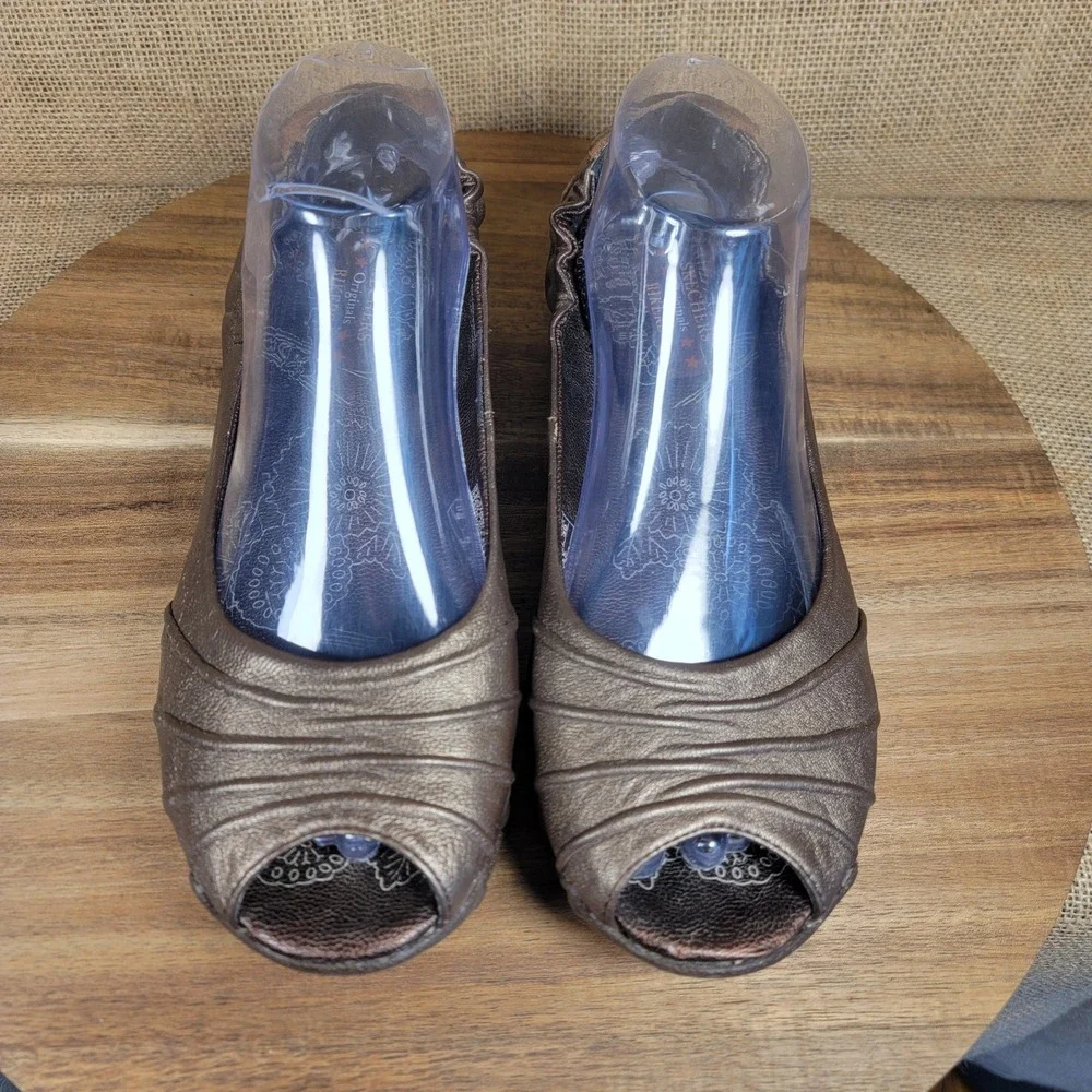 Skechers Originals Bikers Flats Leather Peep Toe Bronze Slip On Shoes Women's 9